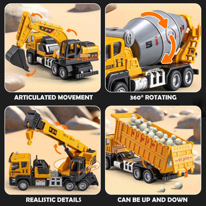 Die-Cast Construction Vehicle Toy Set – Mini Alloy Excavator, Dump Truck, Cement Mixer & Crane Trucks for Toddlers Boys Ages 3+, No Battery Needed, Birthday Christmas Gift