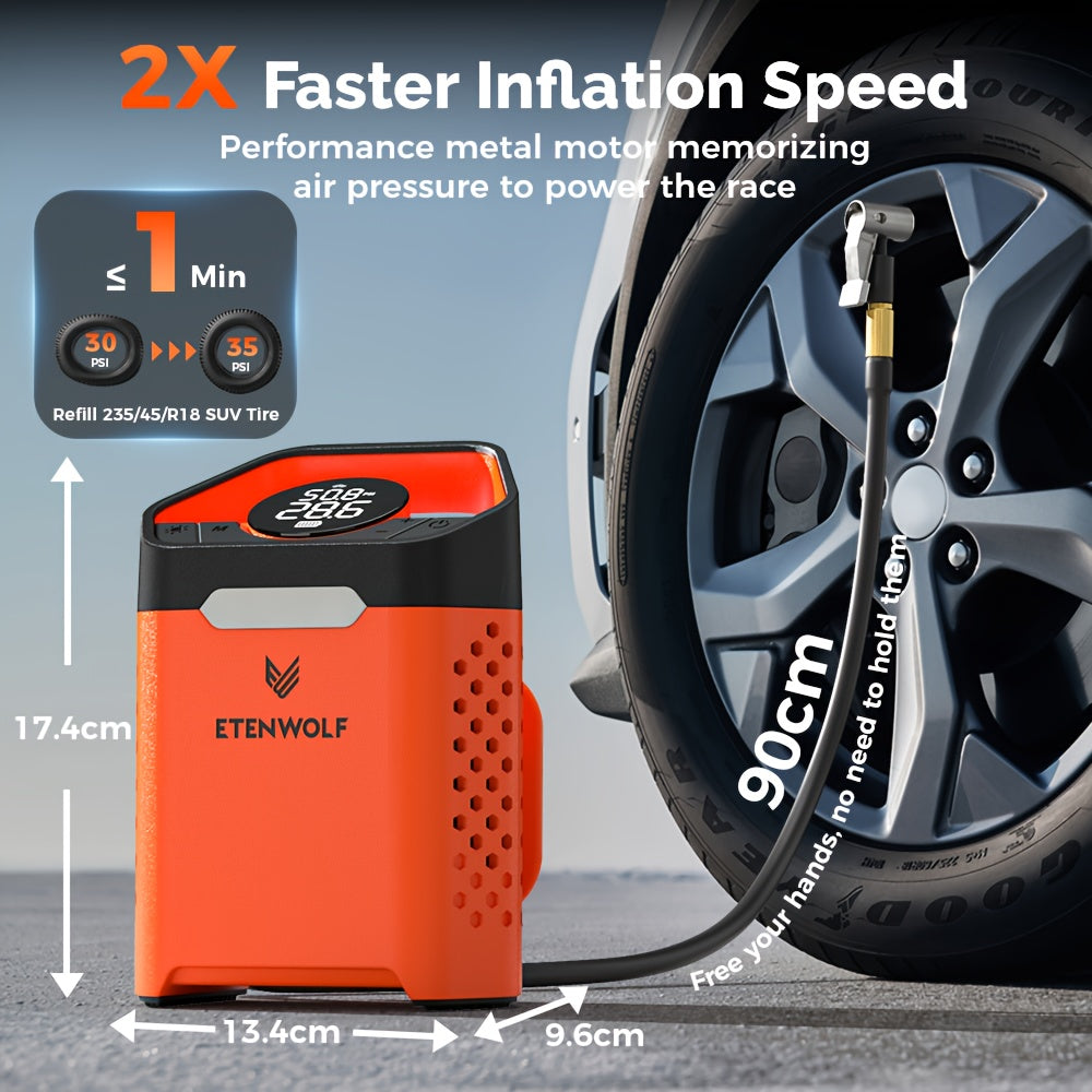 ETENWOLF Portable Air Pump for Car Tires & Tire Inflator Air Compressor | 1 Min Fast Inflation, 100% Duty Cycle, Heavy Duty, USB Charging, Digital Display, Rechargeable Battery