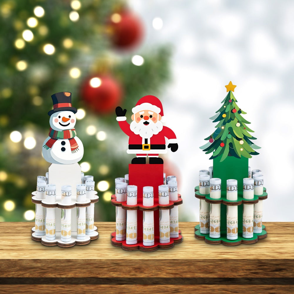 Christmas Money Tree Holder 3-Pack – Wooden Bill Dispenser Ornament with 10 Slots, Holiday Money Gift Display Stand, Table Decor for Winter Party Favors Stocking Stuffers