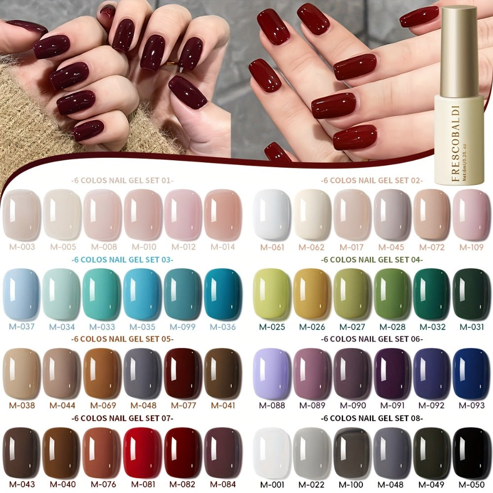 Solid Color Gel Nail Polish Set 6pcs Self-Leveling Soak-Off UV LED High Gloss Chip-Resistant – Popular Salon Shades for Daily Manicure, 8 Color Palettes Available, Nail Art Gift for Women
