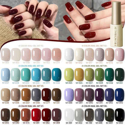 Solid Color Gel Nail Polish Set 6pcs Self-Leveling Soak-Off UV LED High Gloss Chip-Resistant – Popular Salon Shades for Daily Manicure, 8 Color Palettes Available, Nail Art Gift for Women