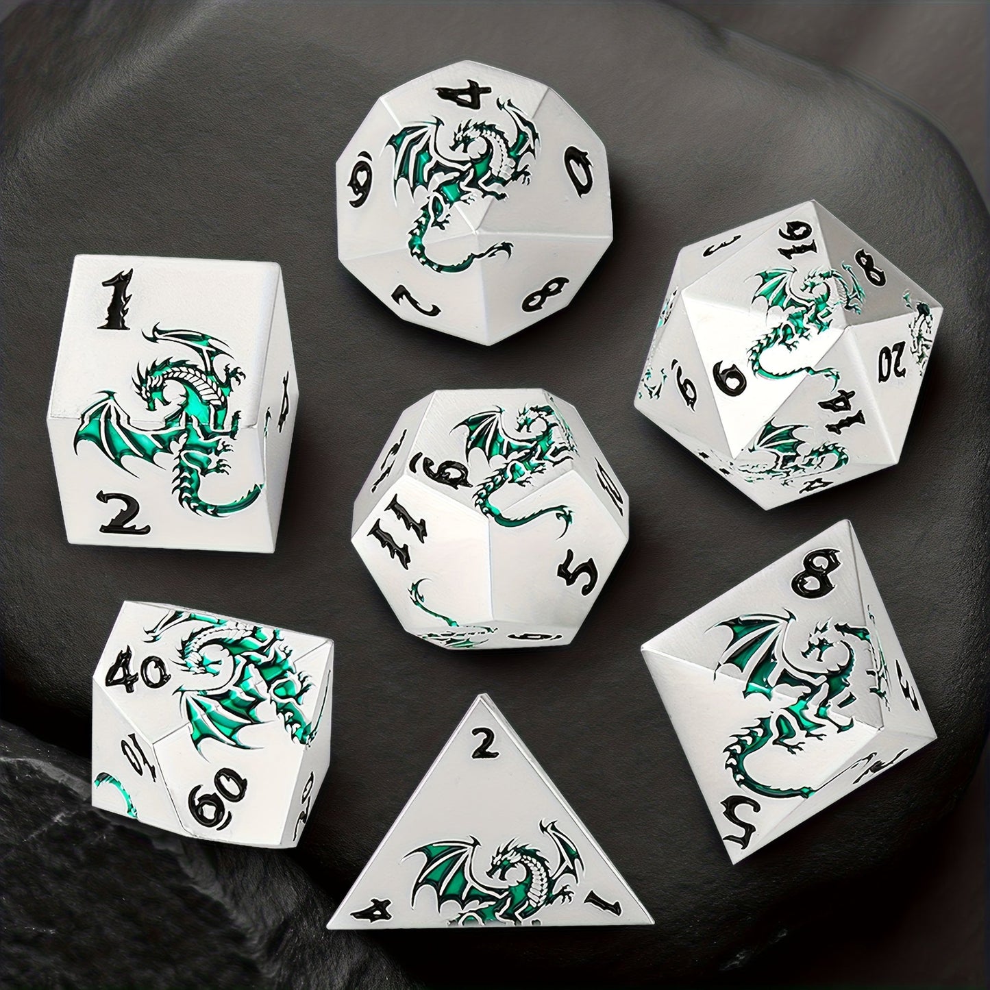 Dragon Metal Dice Set 7pcs Hand-Polished – Retro Carved Dragon Pattern Polyhedral DnD TTRPG RPG Dice with Dragon Storage Bag, D4 D6 D8 D10 D12 D20, Bronze Silver Black Blue White Cyan