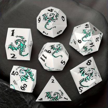 Dragon Metal Dice Set 7pcs Hand-Polished – Retro Carved Dragon Pattern Polyhedral DnD TTRPG RPG Dice with Dragon Storage Bag, D4 D6 D8 D10 D12 D20, Bronze Silver Black Blue White Cyan