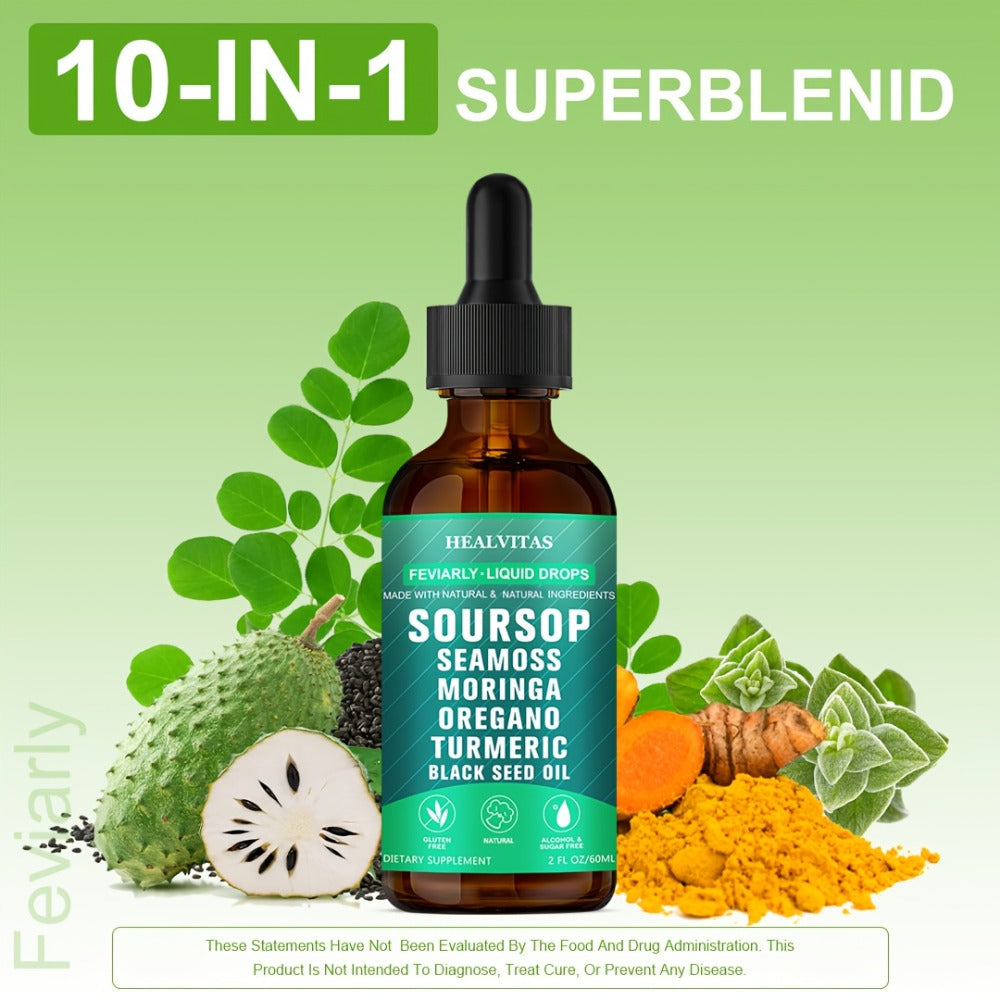 Soursop Bitters Liquid Drops 10-in-1 with Sea Moss Moringa Turmeric Black Seed Oil Oregano Ashwagandha - Natural Herbal Supplement for Immune Support Detox & Wellness 140g