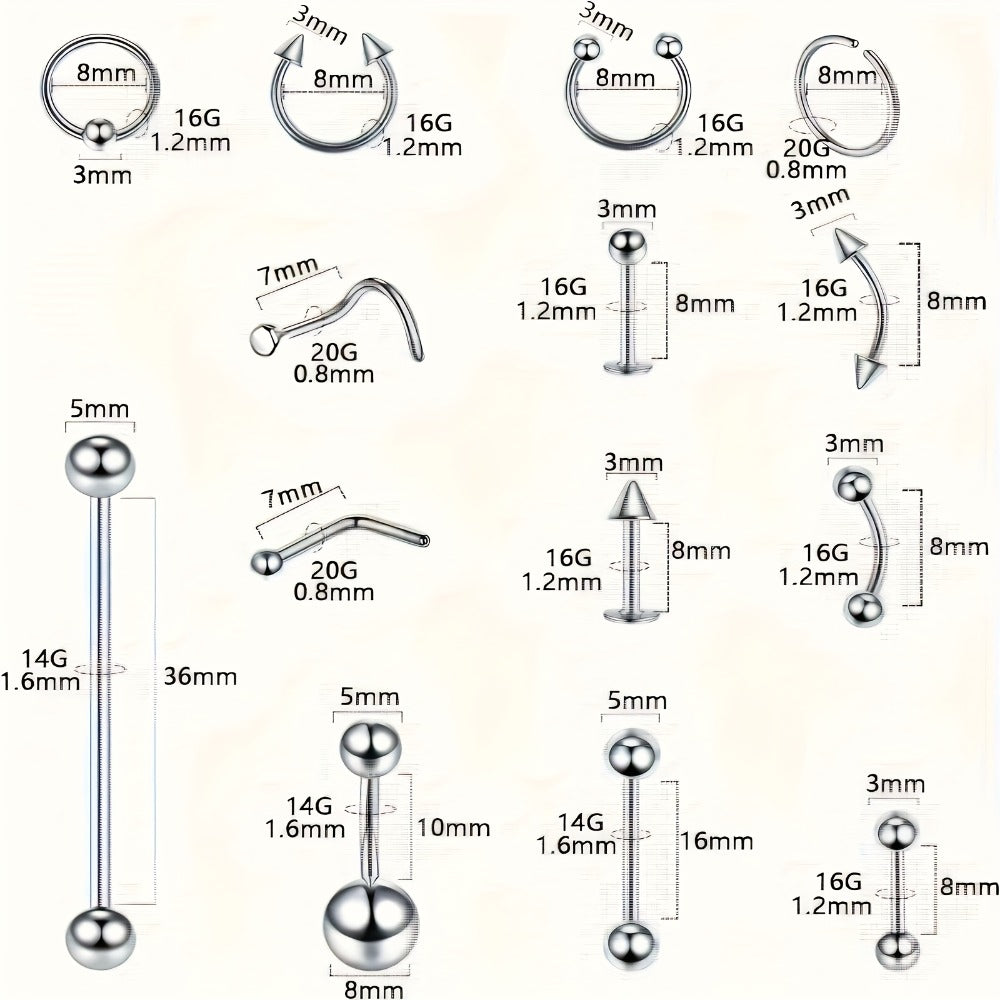 Piercing Kit Stainless Steel Random Set – Nose Bone Ear Tragus Lip Belly Button Eyebrow Piercing Needle Tools with Stainless Steel Jewelry, Trendy Body Piercing Accessories for Men and Women