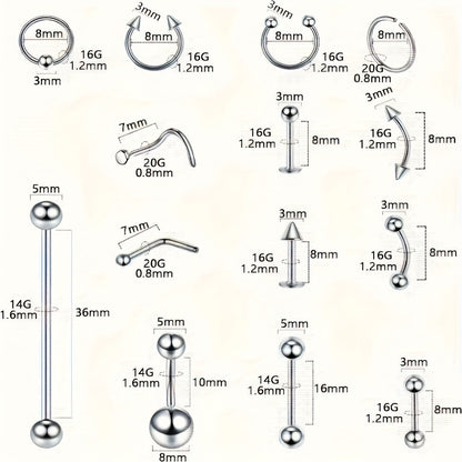 Piercing Kit Stainless Steel Random Set – Nose Bone Ear Tragus Lip Belly Button Eyebrow Piercing Needle Tools with Stainless Steel Jewelry, Trendy Body Piercing Accessories for Men and Women