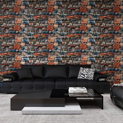 3D Brick Foam Wallpaper Self Adhesive Peel and Stick Wall Panels Waterproof PVC Rustic Brick Pattern Home Bathroom Kitchen Wall Decor Blue Brown Red 17.5in Wide
