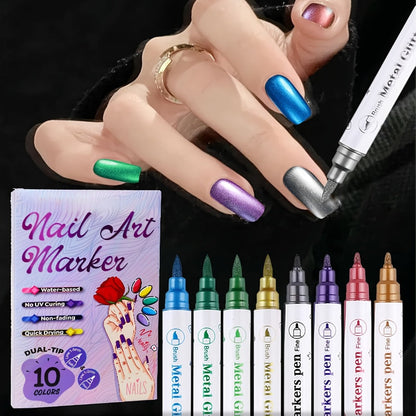 3D Nail Art Pens 10 Colors Double Ended Metallic Acrylic Paint Set – Quick Dry Fine Liner & Dotting Tip Graffiti Drawing Nail Marker for Salon & DIY Home Nail Design, Raised Effect