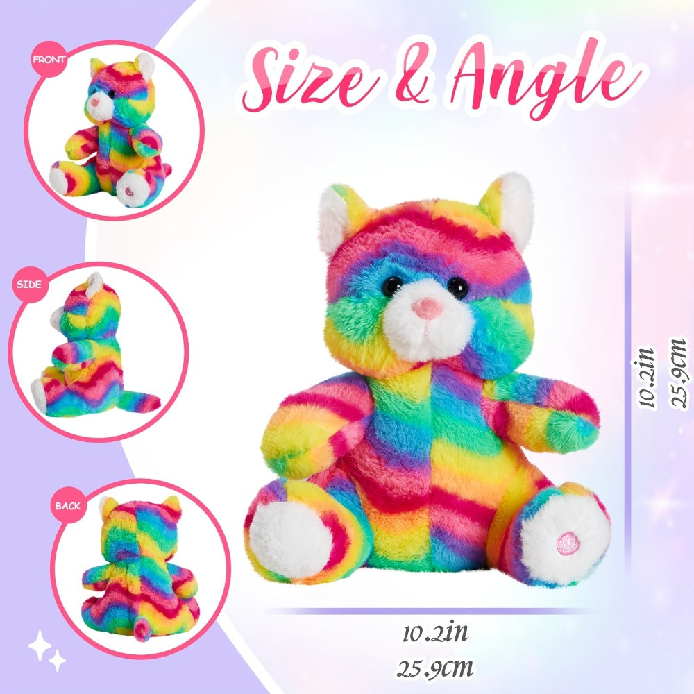 Glow in the Dark Rainbow Cat Plush Toy with Music — Kawaii Glowing Kitty Stuffed Animal Night Light Companion for Kids Girls, Birthday Mother's Day Christmas Valentine Gift for Cat Lovers