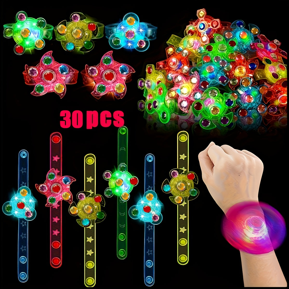 Light Up Fidget Spinner Bracelets Bulk 30 Pack – LED Glow in the Dark Party Favors for Kids Birthday Glow Party Supplies Goodie Bag Fillers Classroom Treasure Box Toys