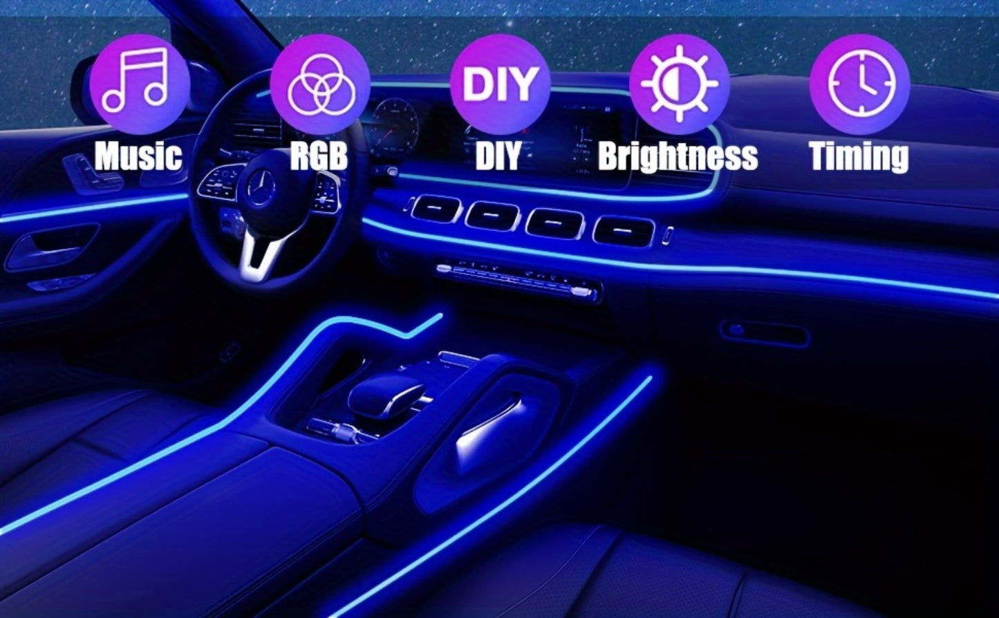 RGB Car Interior LED Strip Lights 16 Million Colors App & Remote Control Music Sync Fiber Optic Ambient Light Bar USB 5V for Car Dashboard Door Decoration, 196" & 5-in-1 Kit Options