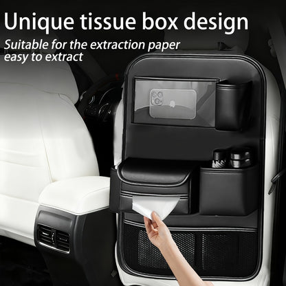 Car Backseat Organizer with Foldable Table Tray & Tablet Holder – PU Leather Seat Back Protector Kick Mat, Multi-Pocket Storage for Kids & Travel