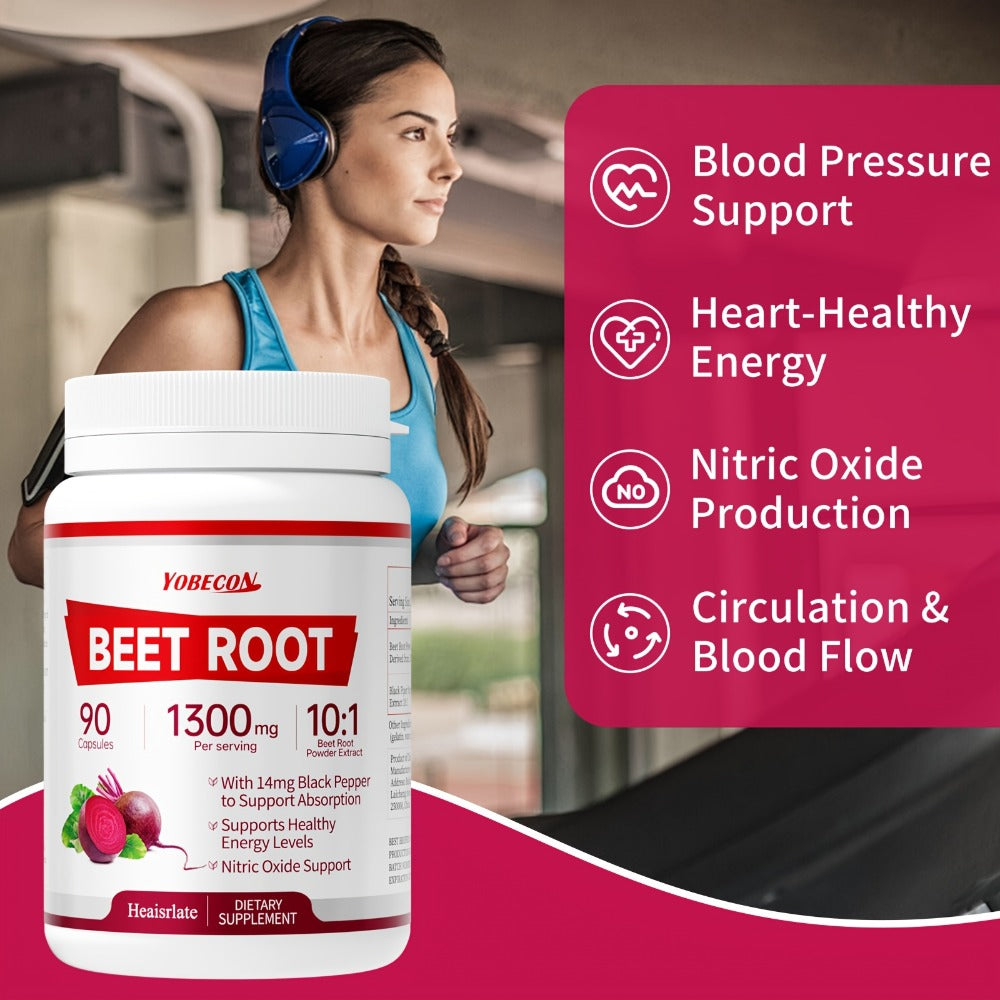 Beet Root Capsules 1300mg High Strength Vegetarian - Natural Nitric Oxide, Blood Flow, Circulation & Energy Support - Plant-Based Antioxidant Supplement for Men & Women - 90 Capsules 3-Month Supply