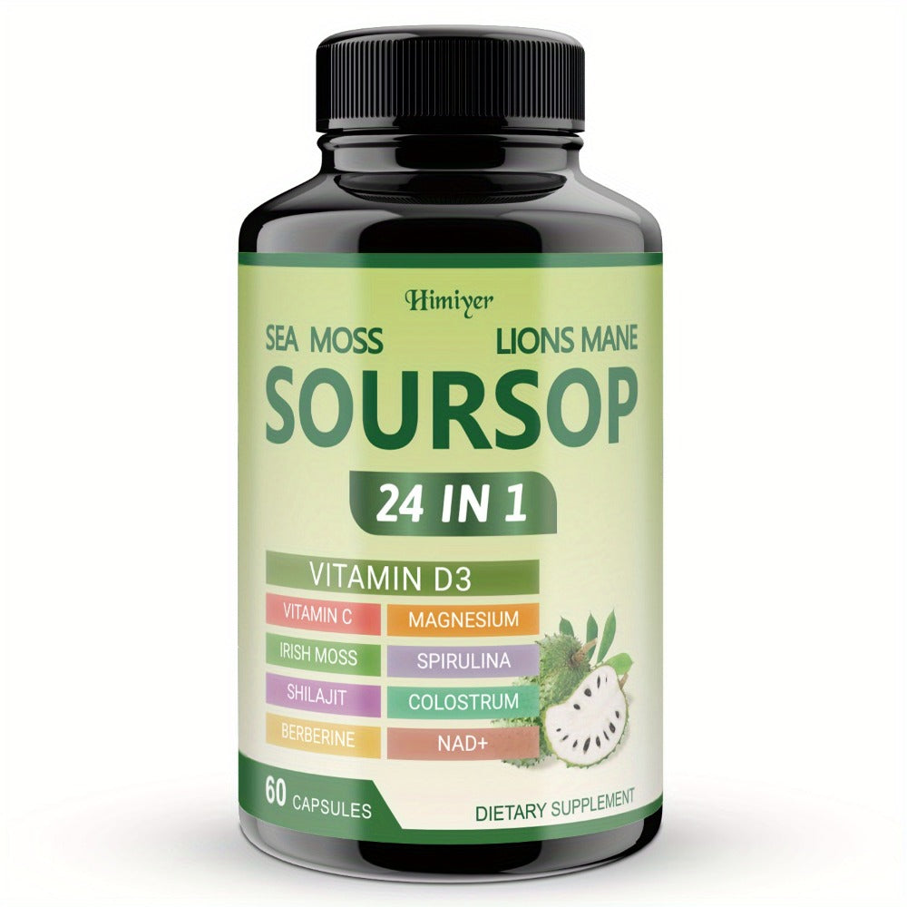 Soursop Graviola Capsules 24-in-1 Herbal Blend — Turmeric Spirulina Sea Moss Vitamin D3 Bitter Leaf | Immune Defense Antioxidant Gut Energy Support | 60 Capsules Per Bottle