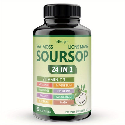 Soursop Graviola Capsules 24-in-1 Herbal Blend — Turmeric Spirulina Sea Moss Vitamin D3 Bitter Leaf | Immune Defense Antioxidant Gut Energy Support | 60 Capsules Per Bottle