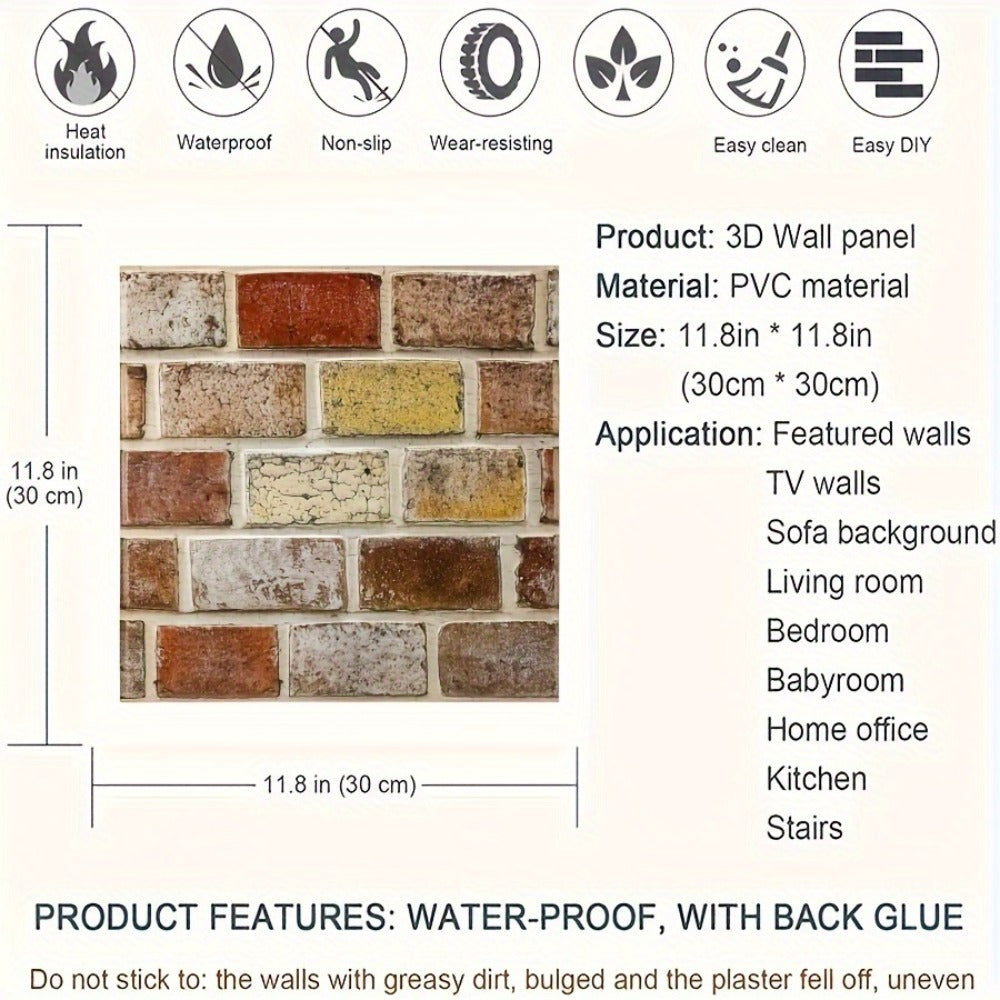 Peel and Stick Tile Stickers 20pcs Vintage Brick Pattern Self-Adhesive Waterproof Wall Tiles for Kitchen Bathroom Toilet – Removable Oil-Proof Backsplash Wall Art Decor