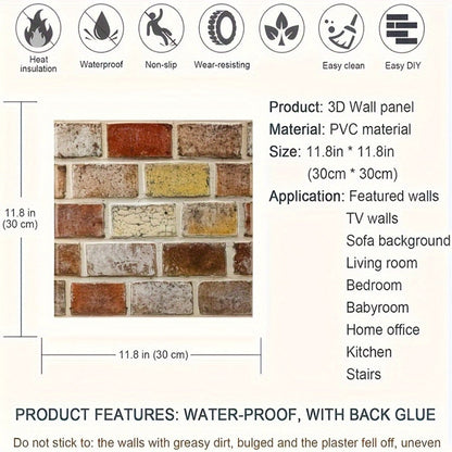 Peel and Stick Tile Stickers 20pcs Vintage Brick Pattern Self-Adhesive Waterproof Wall Tiles for Kitchen Bathroom Toilet – Removable Oil-Proof Backsplash Wall Art Decor