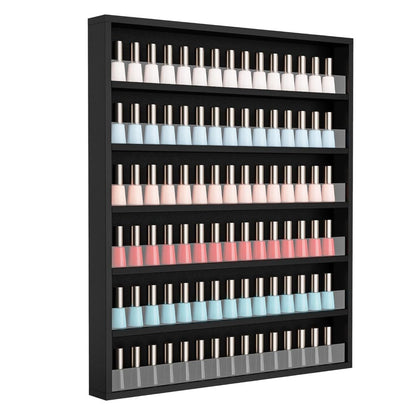 Wall Mount Nail Polish Rack 6 Tier Holds 120 Bottles with Acrylic Baffles — Large Nail Varnish Display Shelf Organizer for Salon Home White Black