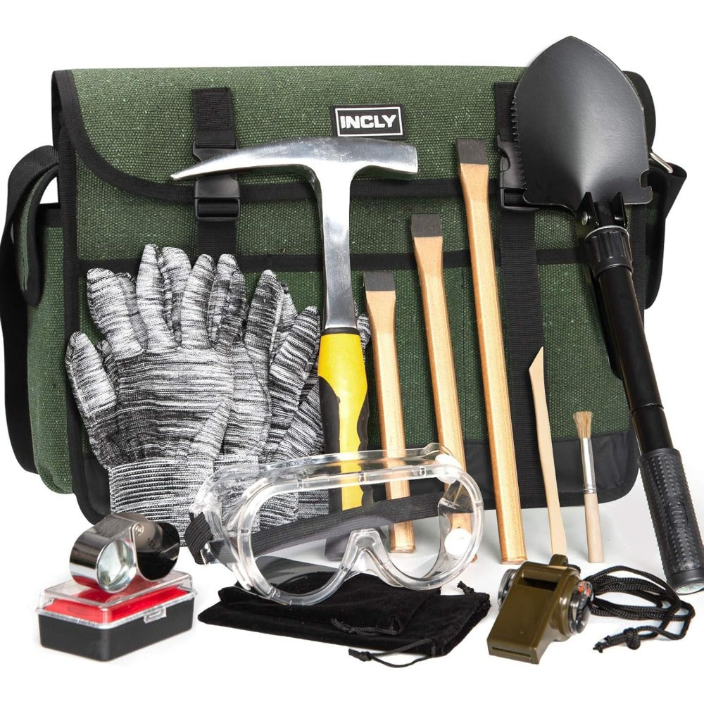 Geology Rock Pick Hammer Kit 15-Piece – 32oz Rock Hammer, 3 Digging Chisels, Shovel, Compass, Whistle & Musette Bag for Rock Hounding, Fossil Hunting & Gold Prospecting