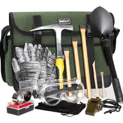 Geology Rock Pick Hammer Kit 15-Piece – 32oz Rock Hammer, 3 Digging Chisels, Shovel, Compass, Whistle & Musette Bag for Rock Hounding, Fossil Hunting & Gold Prospecting