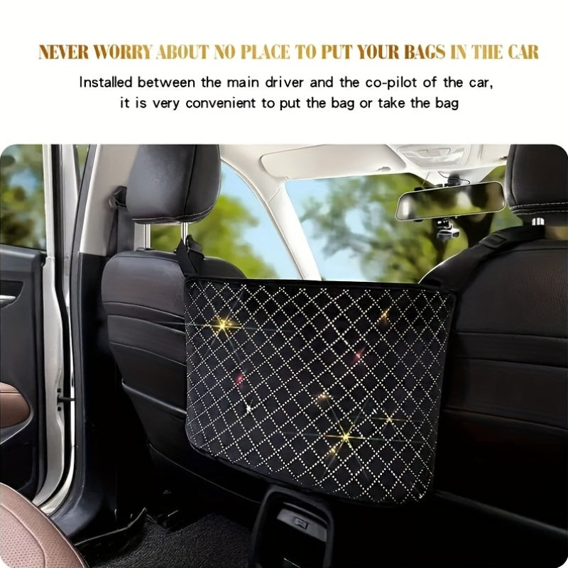 Sparkly Rhinestones Car Organizer And Storage Purse Holder, Bling Crystal Car Seat Back Handbag Additions for Women, Car Pet Barrier for Dogs And Kids, Universal for Most of Car SUV Truck, Sparkling Crystal Gifts for Girls