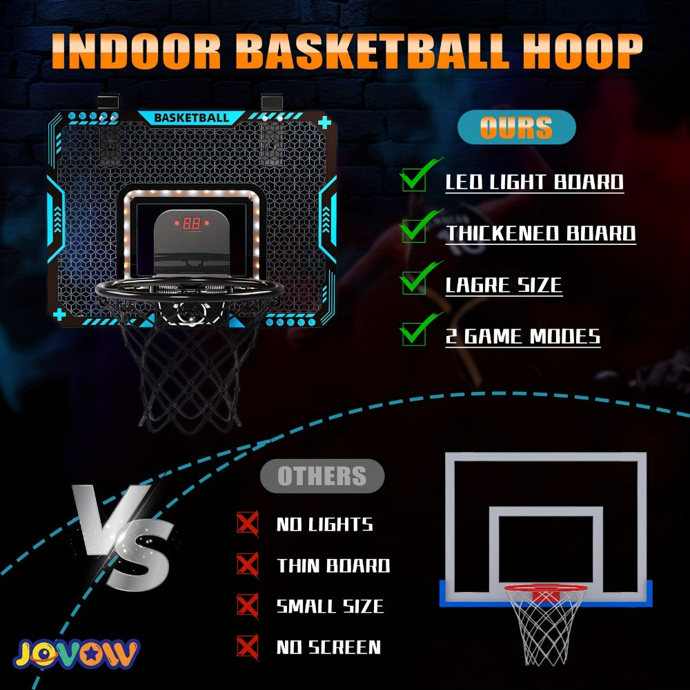 Over Door Basketball Hoop with LED Lights & Electronic Scoreboard – Mini Hoop Set with 4 Balls for Kids Teens Adults, No Drilling Indoor Outdoor Sport Game | Best Birthday Christmas Gift