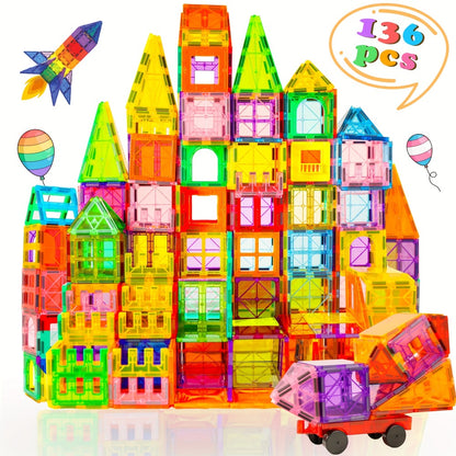 Magnetic Tiles Building Set for Kids 3 4 5 6 7 8 – 80 106 136 205pcs Clear 3D Magnet Building Blocks STEM Educational Toy Child-Safe ABS Creative Birthday Christmas Gift Boys Girls