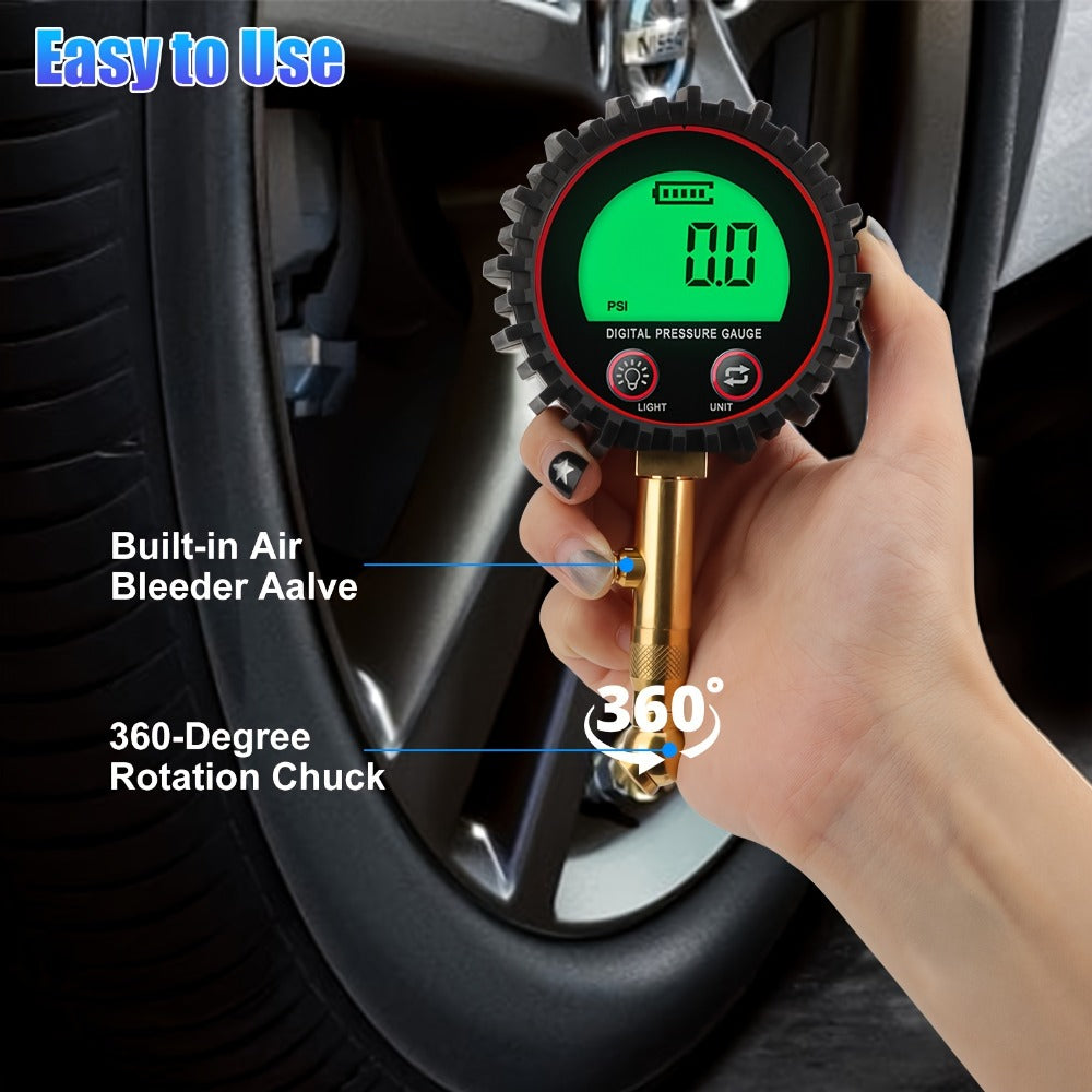 Digital Tire Pressure Gauge LCD 3-255 PSI – 4-Unit Display (PSI/Bar/KPa/kg㎡), Green Backlight, 360° Chuck, Auto Shut-Off for Cars, Trucks, SUVs, Motorcycles & RVs, Black