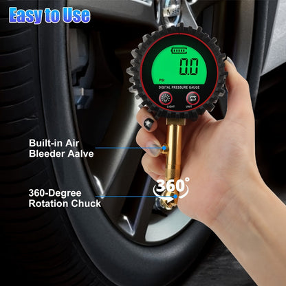 Digital Tire Pressure Gauge LCD 3-255 PSI – 4-Unit Display (PSI/Bar/KPa/kg㎡), Green Backlight, 360° Chuck, Auto Shut-Off for Cars, Trucks, SUVs, Motorcycles & RVs, Black