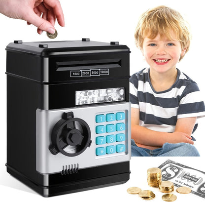 Electronic ATM Piggy Bank for Kids – Digital Coin & Cash Money Bank with Password Lock, Holds 600 Coins or 100 Bills, Fun Savings Bank Toy Gift for Boys & Girls, Black or Pink