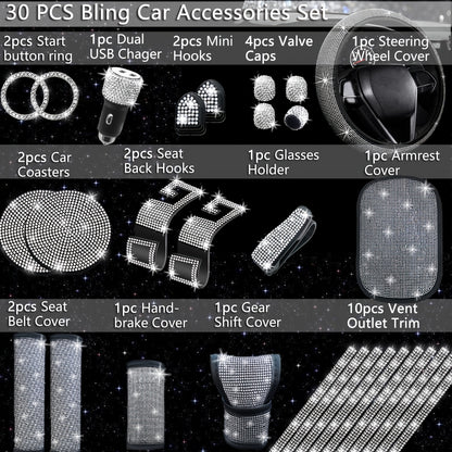30pcs Bling Car Additions Set for Women, Steering Wheel Covers Universal Fit 15 Inch, Seat Belt Covers, Armrest Cover, Gear Shift Covers