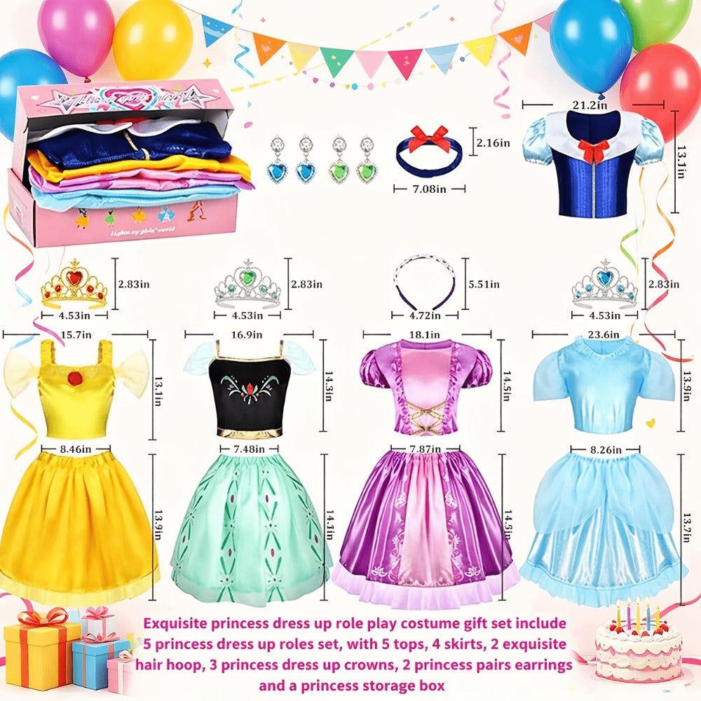 Girls Princess Dress Up Costume Set 14pcs – 5 Role Play Outfits with Crowns, Earrings & Storage Box, Toddler Princess Costumes for Girls Ages 3-6, Birthday Gift