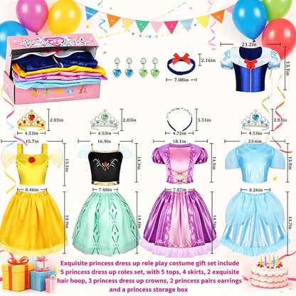 Girls Princess Dress Up Costume Set 14pcs – 5 Role Play Outfits with Crowns, Earrings & Storage Box, Toddler Princess Costumes for Girls Ages 3-6, Birthday Gift