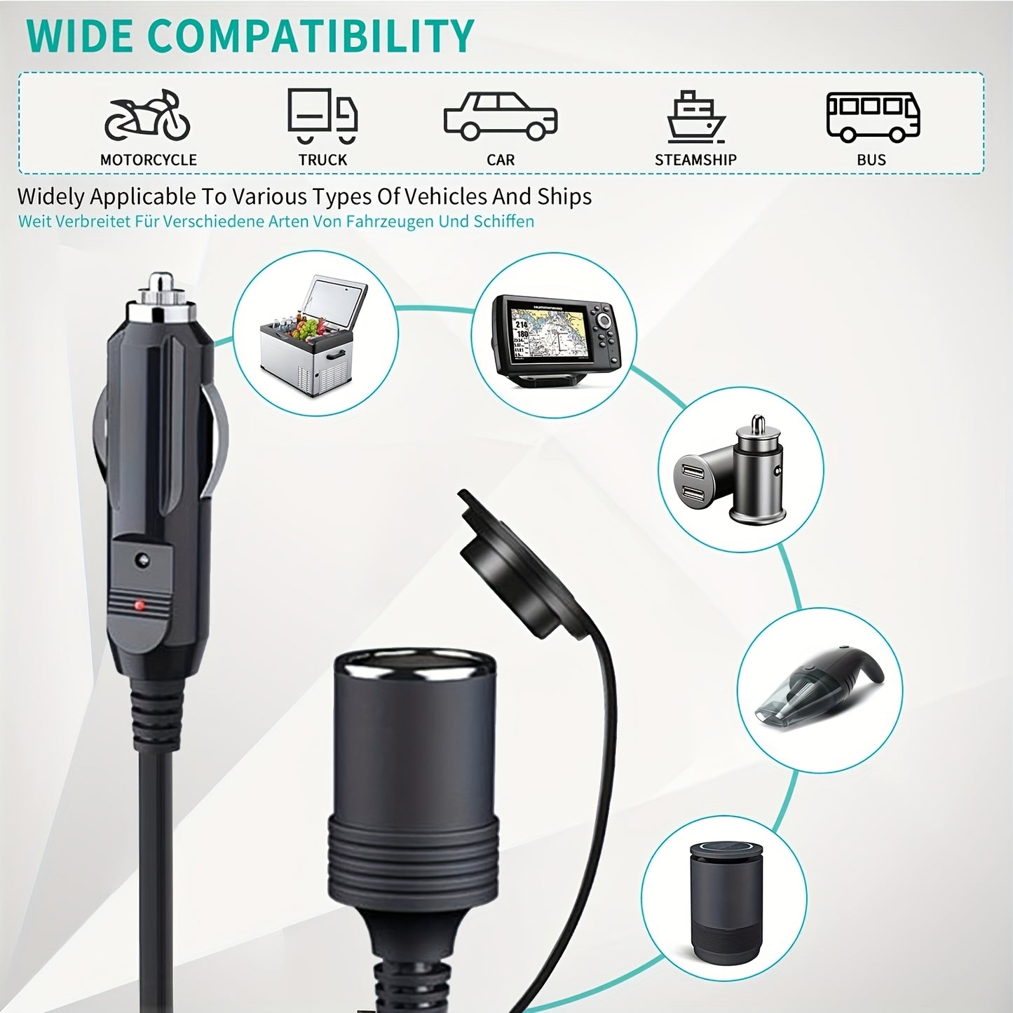 12V Car Cigarette Lighter Extension Cord 9.8FT - 16AWG Heavy Duty Male to Female Socket with LED Indicator for RV, Campervan & 12V Device Use