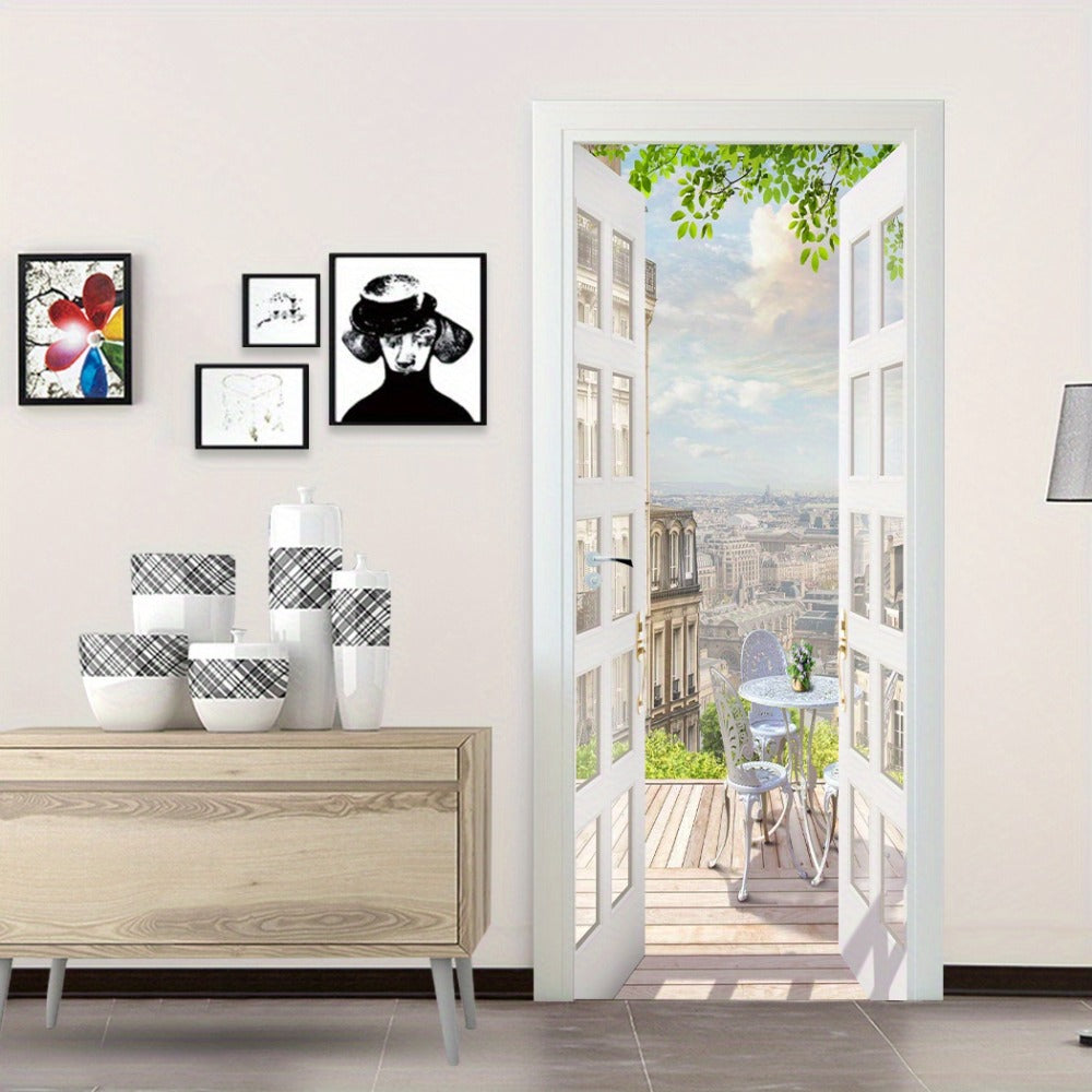 Door Sticker Balcony Scenery Wall Mural – Removable Waterproof Peel & Stick Large Wall Art for Bedroom & Living Room, Faux Window View Home Decor, 35.43 x 78.74 Inches