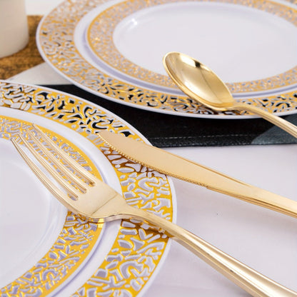 Gold Disposable Dinnerware Set for 50 Guests 350pcs – Includes Dinner Plates, Dessert Plates, 9oz Cups with Gold Rim, Pre-Rolled Napkins & Gold Cutlery | Perfect for Wedding, Party & Holiday Celebration