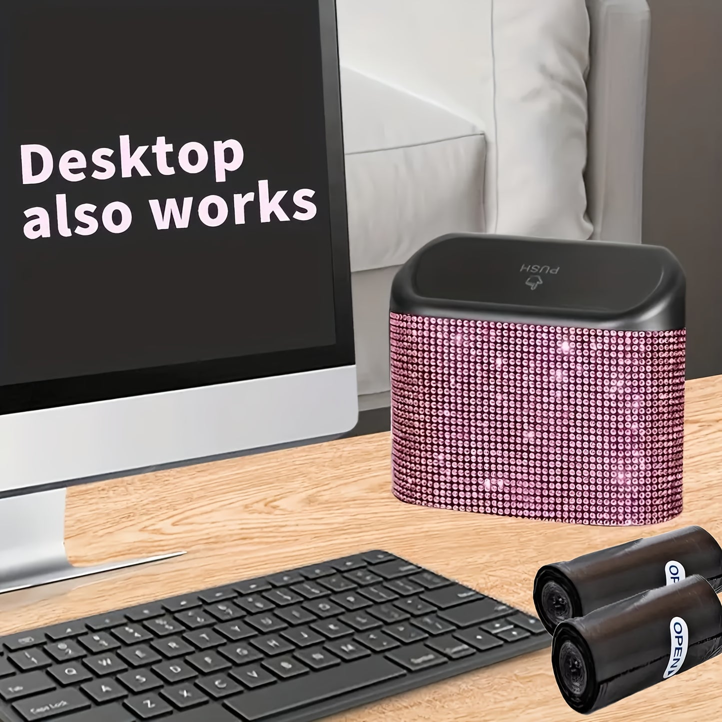 3pcs/Set 1pc Sparkling Rhinestone Car Trash Can with Lid, Plus 2 Trash Bag-Concealed Hanging Interior Storage Bin, Versatile Car Additions, Leakproof Automotive Garbage Container Bin, Storage Bin for Vehicle Interior, Door, Seat Back, Home, Office