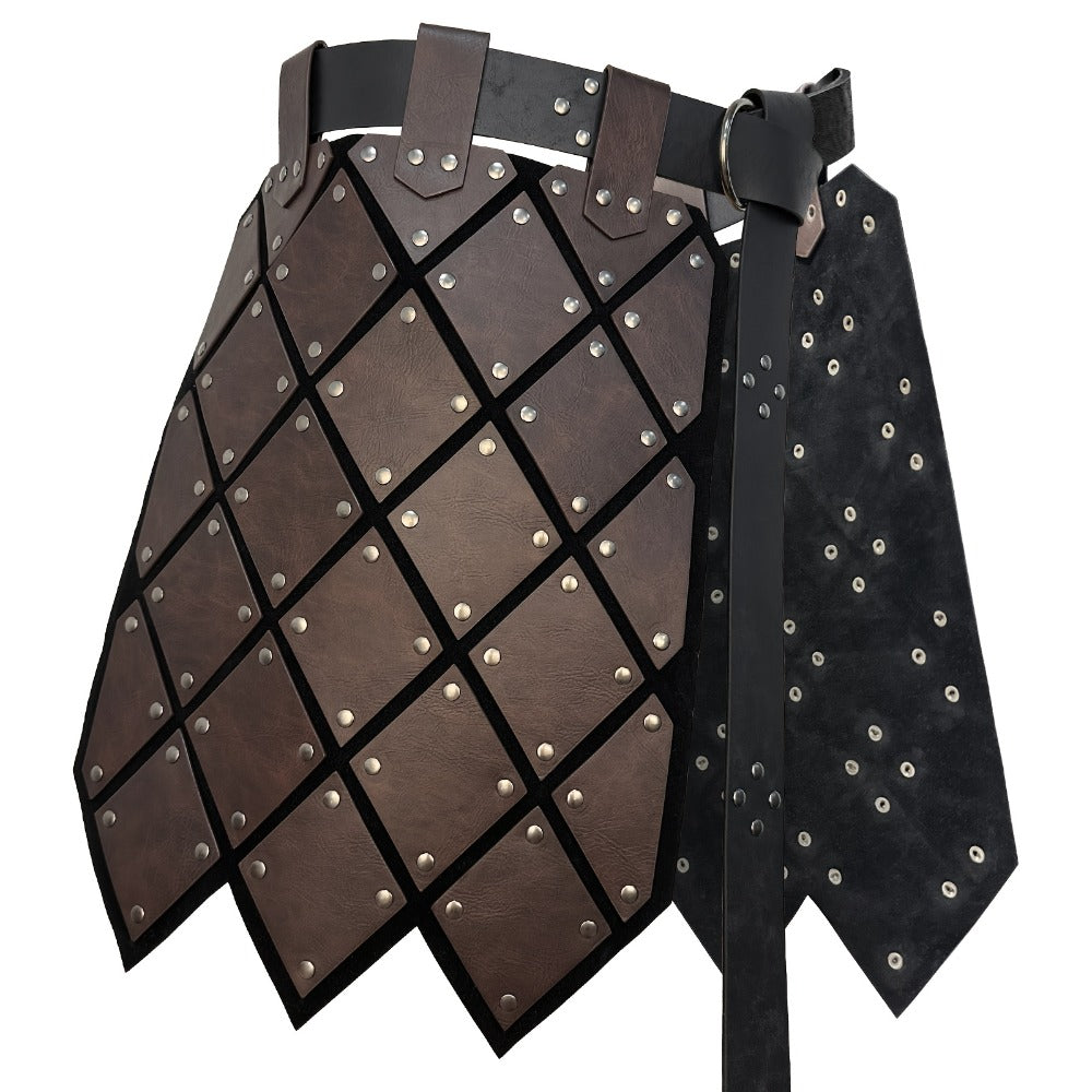 Medieval Armor Skirt Faux Leather with Geometric Plates & Metal Studs – Viking BC Style Retro Cosplay Costume for Halloween, Renaissance Faire, LARP & Festivals, Khaki Dark Brown Black, Gift for Men Women