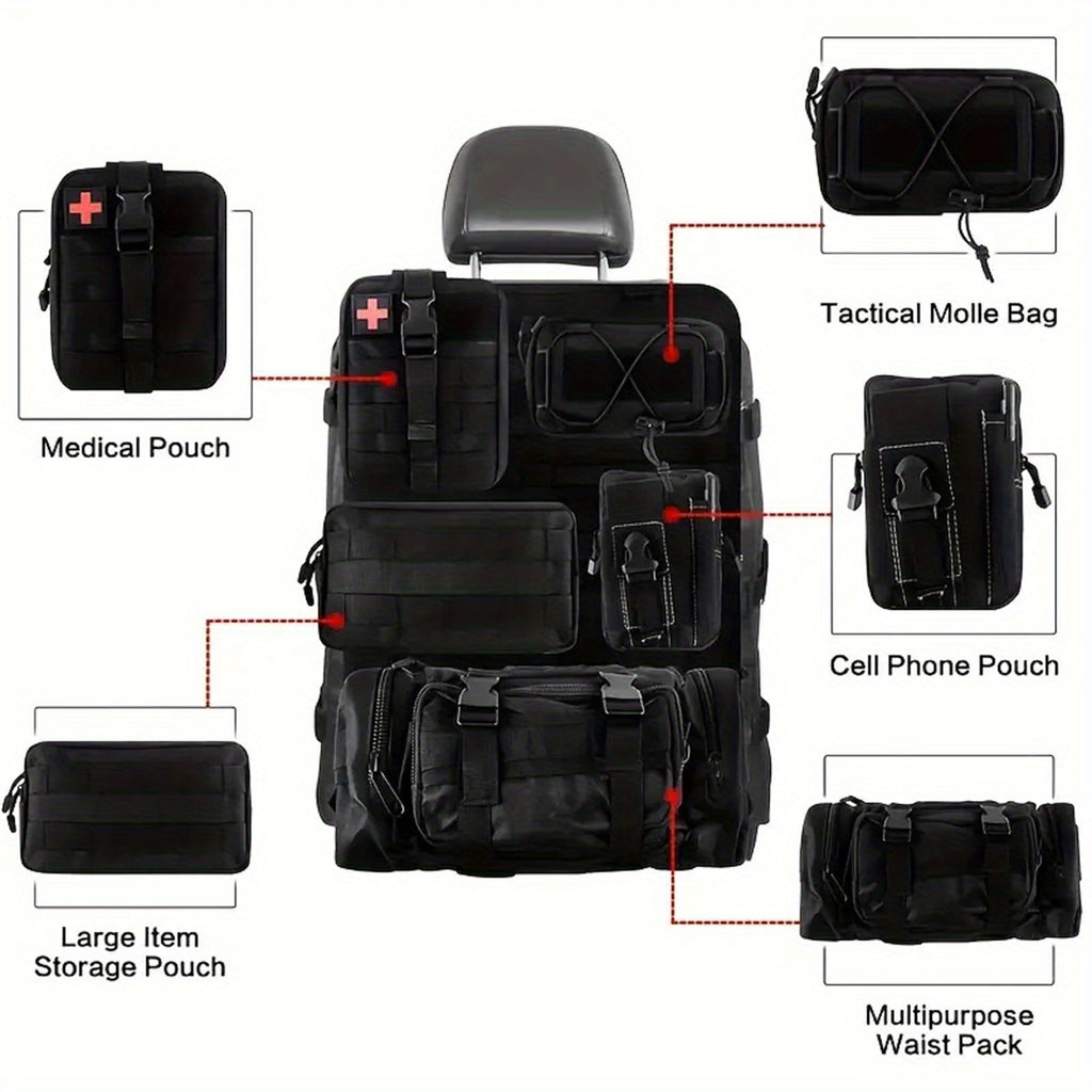 6pcs Set - Heavy-Duty MOLLE Tactical Car Seat Organizer Pouch with Adjustable Fasteners and Thickened Back Panel - Suitable for Jeeps, Trucks, SUVs - Premium Vehicle Storage System, Durable Nylon Bag for Gear, First Aid, and Tools - Car Trunk Lid
