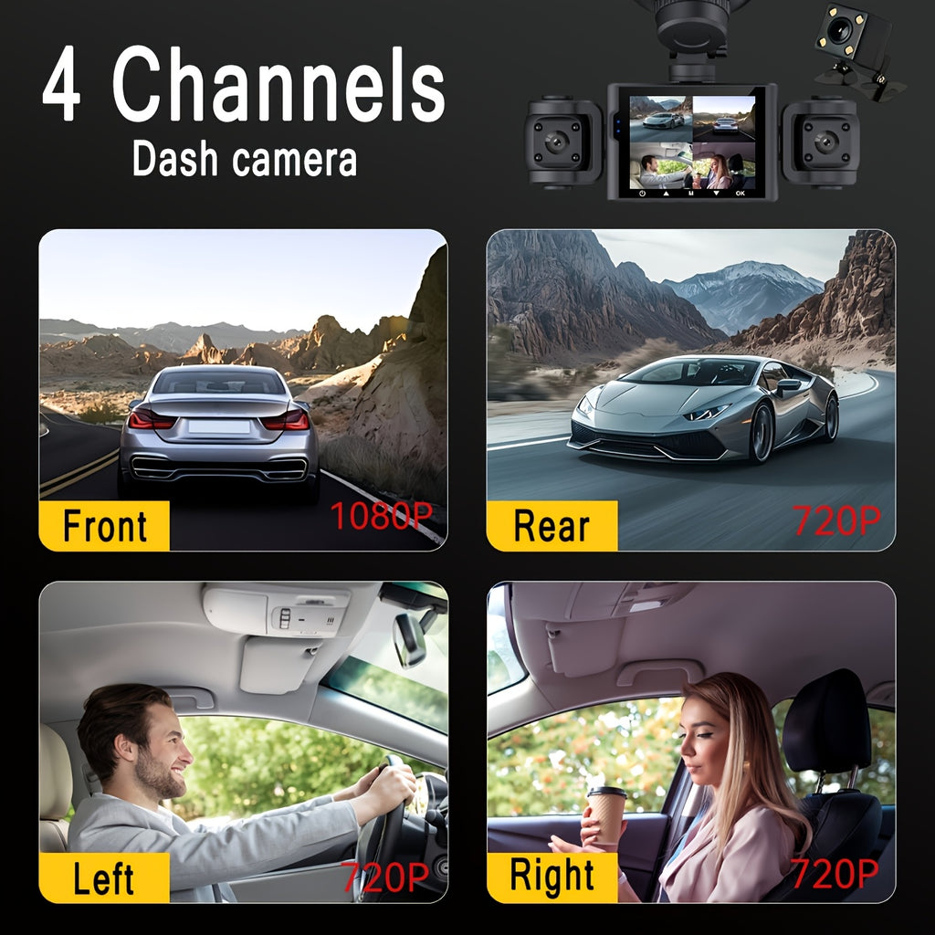 BCUOZ 360° Panoramic 4-Channel 1080P HD Ultimate Safety Dash Cam Kit, 1080P Front And 720P Rear/Left/Right Full Coverage, Four Views Displayed Simultaneously, IR HD Night Vision, WDR, G-Sensor, Loop Recording - Auto Parts/Car Dashboard Camera/Safety
