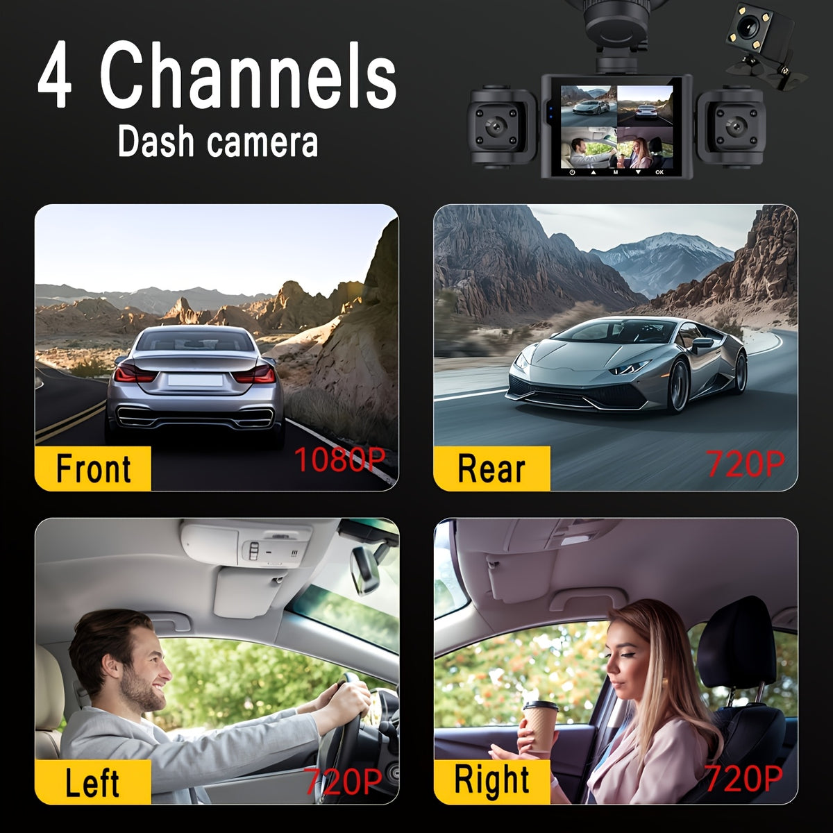 BCUOZ 360° Panoramic 4-Channel 1080P HD Ultimate Safety Dash Cam Kit, 1080P Front And 720P Rear/Left/Right Full Coverage, Four Views Displayed Simultaneously, IR HD Night Vision, WDR, G-Sensor, Loop Recording - Auto Parts/Car Dashboard Camera/Safety