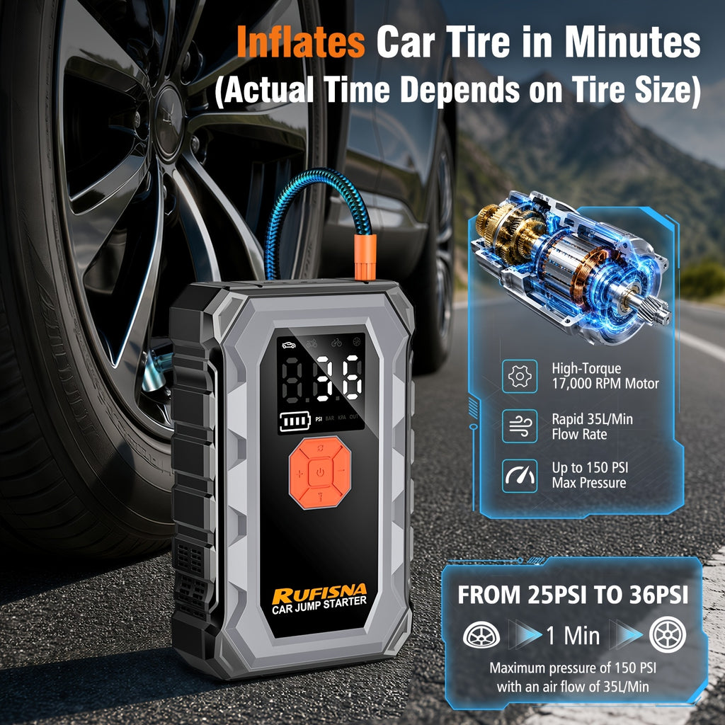 15000A-18000A Peak Jump Starter with Air Compressor, 12V Car Battery Charger, 150 PSI Fast Tire Inflator, All-in-One Emergency Power Bank, LED Flashlight, USB Output, Heavy Duty Jump Starter for Gas & Diesel Cars, SUV, Truck, Roadside Rescue Kit.
