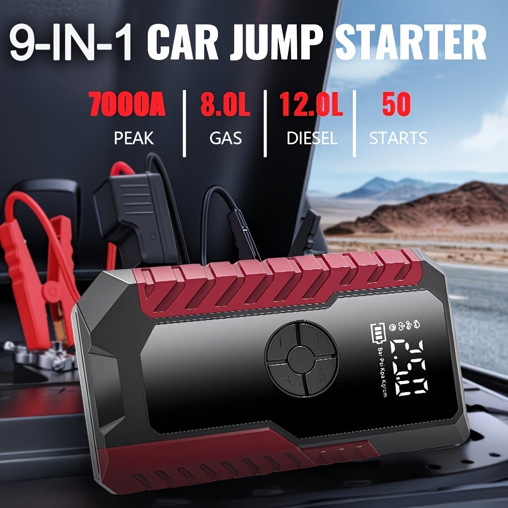 Portable Car Jump Starter with Tire Inflator – 3000A Peak 12V Battery Booster, USB Power Bank, LED Emergency Light, 5-in-1 & 9-in-1 Roadside Emergency Kit for Cars Trucks SUVs