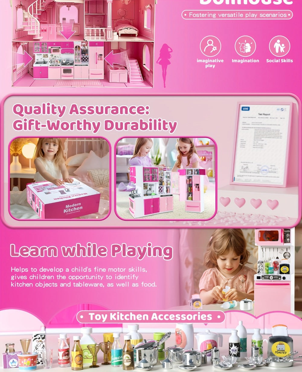 Pink Kitchen Toy Set 64pcs with Lights & Sounds – Mini Furniture Doll Playset for Girls | Pretend Play Kitchen Accessories, Birthday & Christmas Gift for Toddlers & Kids Ages 3 4 5 6