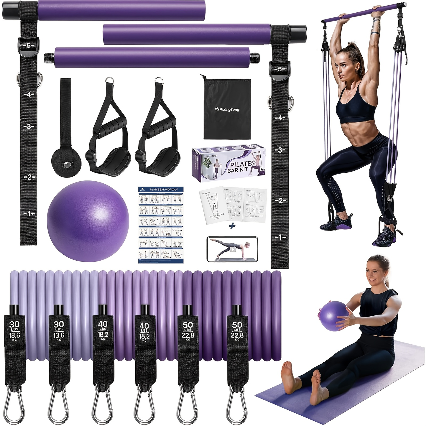 Natural Latex Pilates Bar Kit with Resistance Bands 20-360 lbs – Stainless Steel Handle, Adjustable Length for 5'3"-6'2", Full Body Home Gym Workout for Women & Men