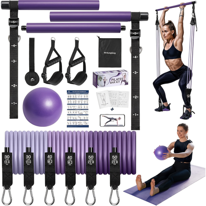 Natural Latex Pilates Bar Kit with Resistance Bands 20-360 lbs – Stainless Steel Handle, Adjustable Length for 5'3"-6'2", Full Body Home Gym Workout for Women & Men