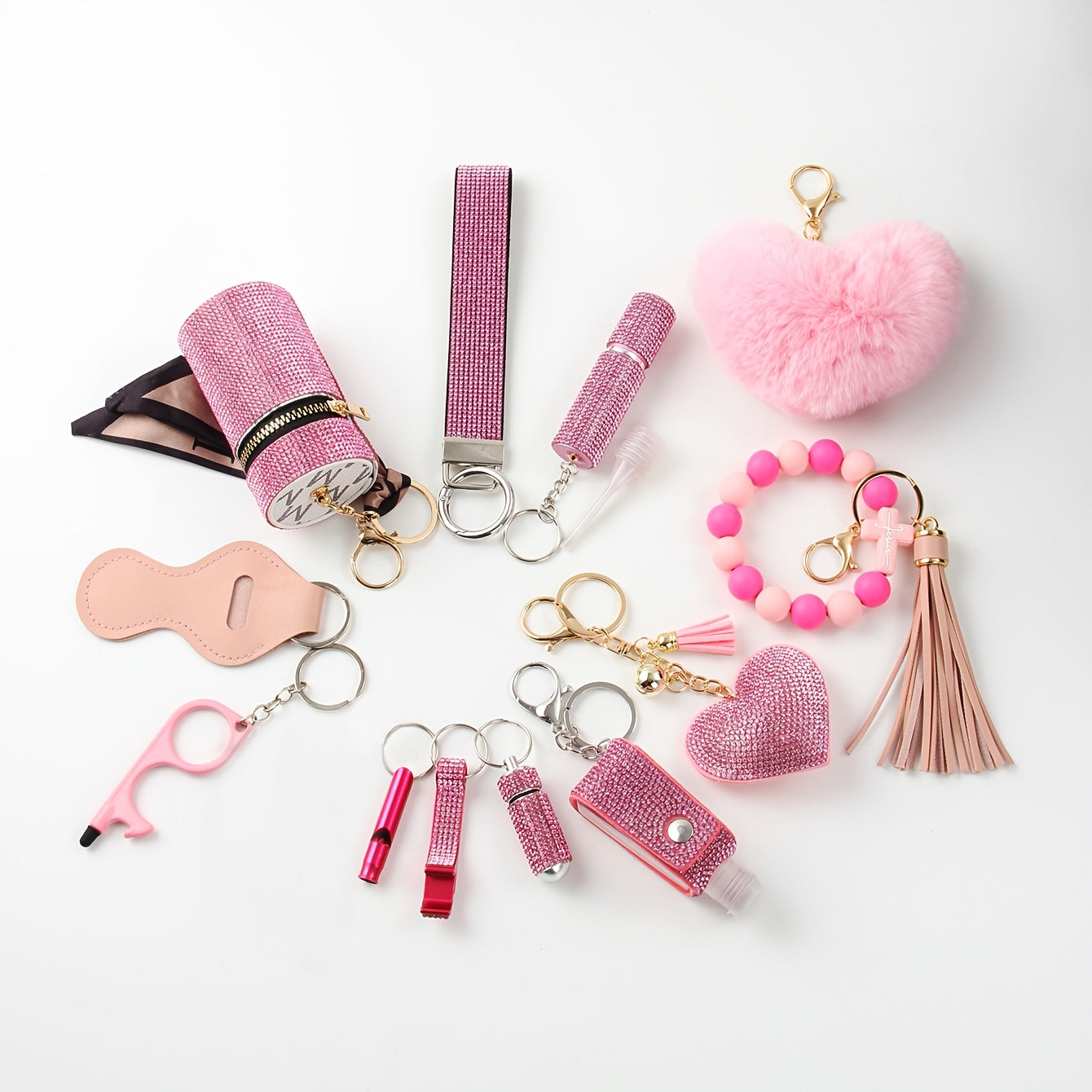Rhinestone Keychain Set for Women 13-Piece – Safety Gadgets with Window Breaker Whistle Hand Sanitizer Holder Perfume Bottle Beaded Bracelet PU Tassel, Holiday Birthday Gift Box