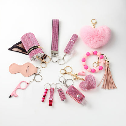 Rhinestone Keychain Set for Women 13-Piece – Safety Gadgets with Window Breaker Whistle Hand Sanitizer Holder Perfume Bottle Beaded Bracelet PU Tassel, Holiday Birthday Gift Box