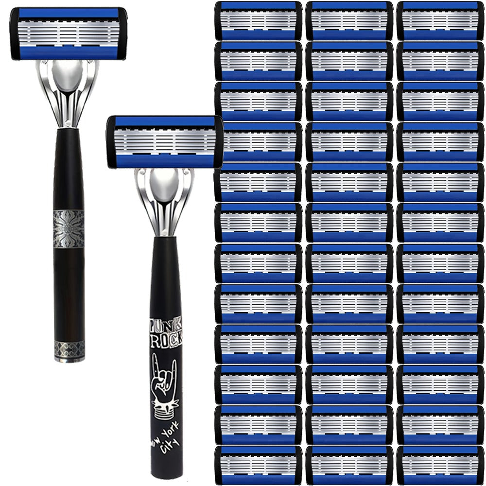 Safety Razor Kit for Men Double Edge 36 Blades & 2 Anti-Slip Handles – Stainless Steel Manual Wet Shaving Set for Smooth Painless Close Shave, Reusable Eco-Friendly Grooming Gift