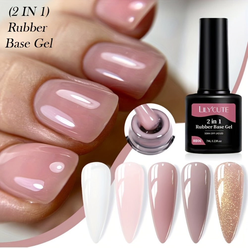Rubber Base Gel Polish Set 6pcs Nude Pink 2-in-1 Builder Base Coat – Self-Leveling Soak Off UV LED Semi-Permanent Long-Lasting Gel Manicure Kit 0.24oz Each for DIY & Salon Nail Art Women